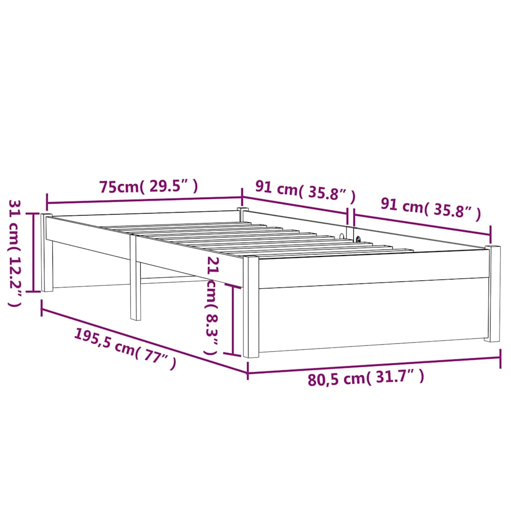 vidaXL Bed Frame without Mattress Solid Wood 75x190 cm Small Single - Brown - 195.5 x 80.5 x 31 cm