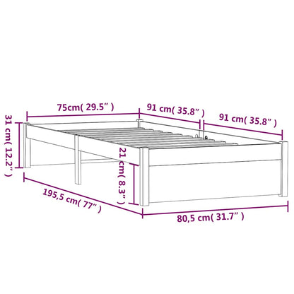 vidaXL Bed Frame without Mattress Solid Wood 75x190 cm Small Single - Brown - 195.5 x 80.5 x 31 cm