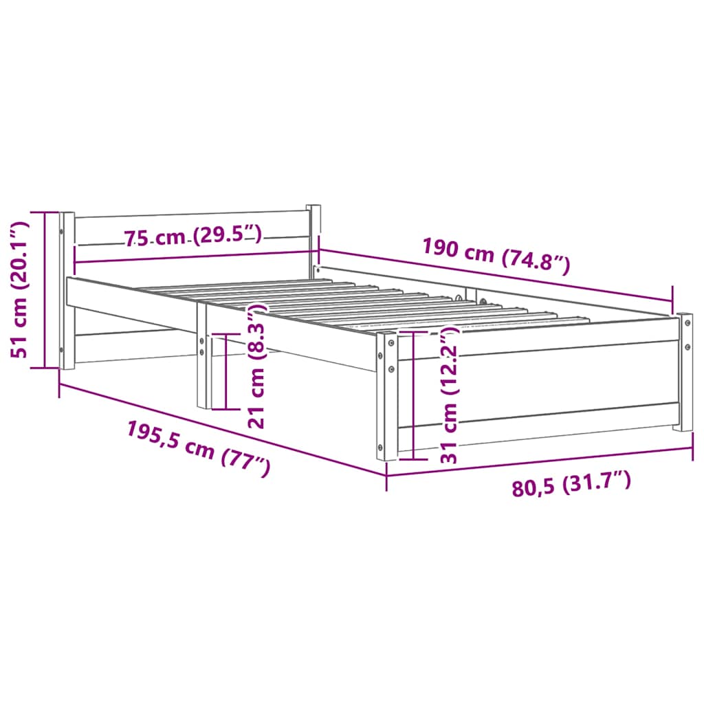 vidaXL Bed Frame without Mattress Solid Wood 75x190 cm Small Single - Brown - 195.5 x 80.5 x 51 cm