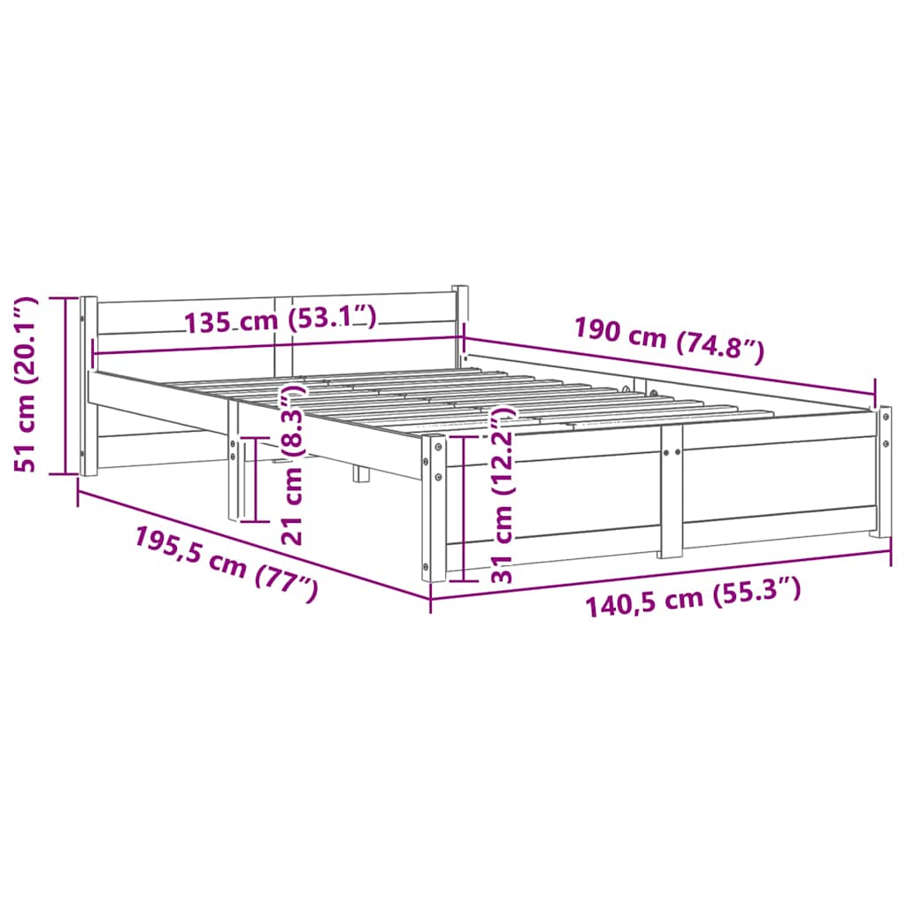 vidaXL Bed Frame without Mattress Solid Wood 135x190 cm Double - Brown - 195.5 x 140.5 x 51 cm