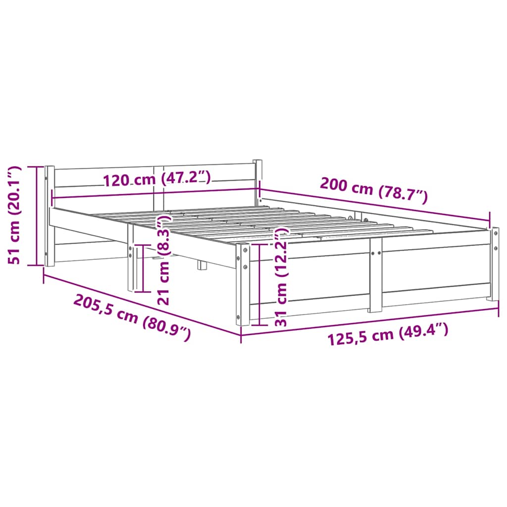vidaXL Bed Frame without Mattress Solid Wood 120x200 cm - Brown - 205.5 x 125.5 x 51 cm
