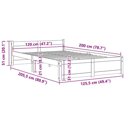 vidaXL Bed Frame without Mattress Solid Wood 120x200 cm - Brown - 205.5 x 125.5 x 51 cm