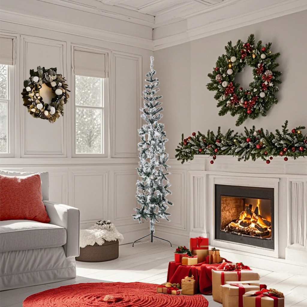 vidaXL Slim Artificial Half Christmas Tree with Flocked Snow 180 cm - Green