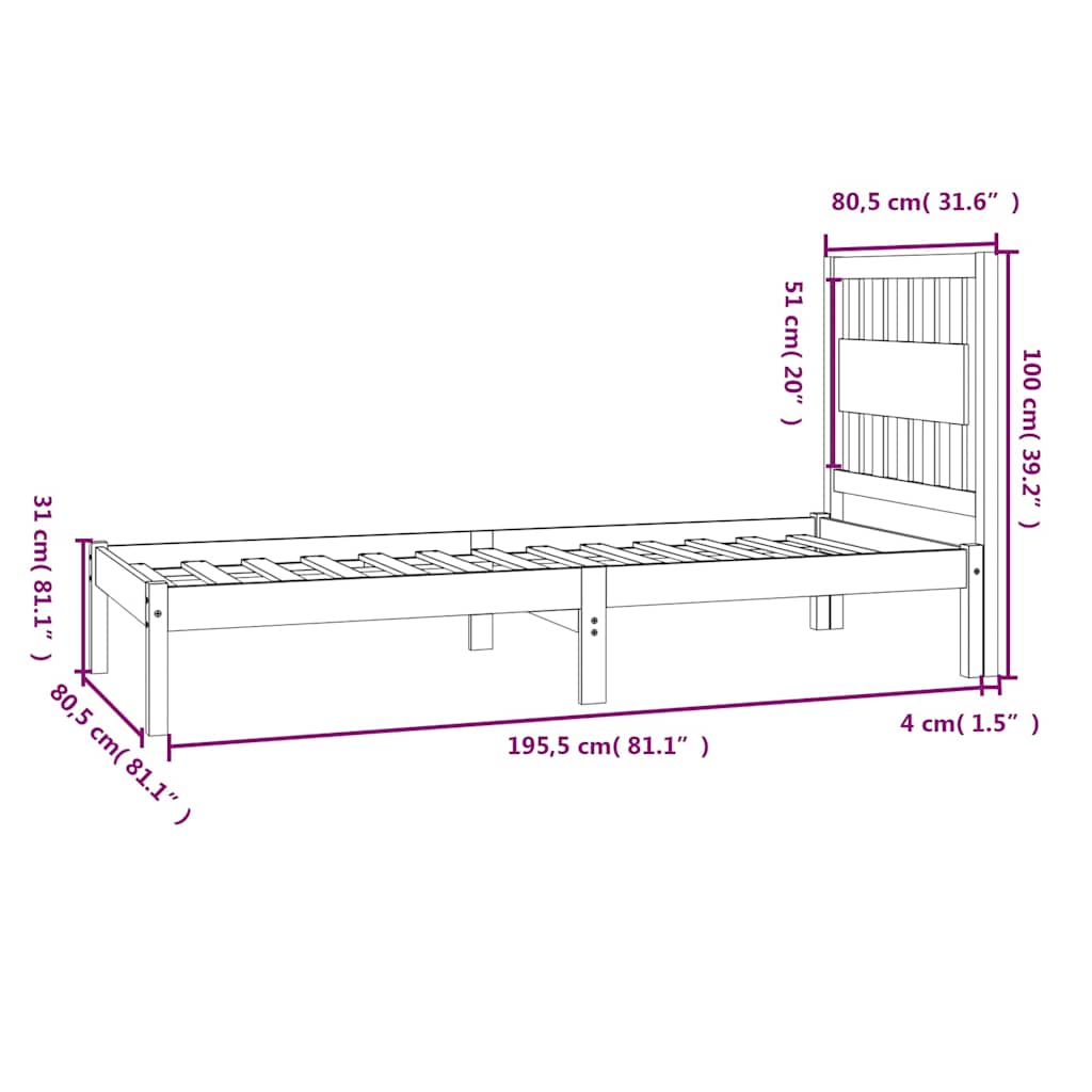 vidaXL Bed Frame without Mattress Solid Wood Small Single - Brown - 195.5 x 80.5 x 31 cm