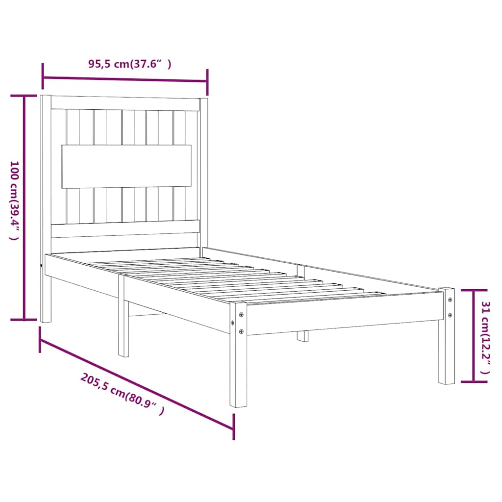 vidaXL Bed Frame without Mattress Solid Wood 90x200 cm - Brown - 205.5 x 95.5 x 31 cm