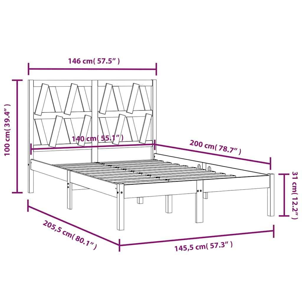 vidaXL Bed Frame without Mattress Solid Wood 140x200 cm - Brown - 205.5 x 145.5 x 31 cm