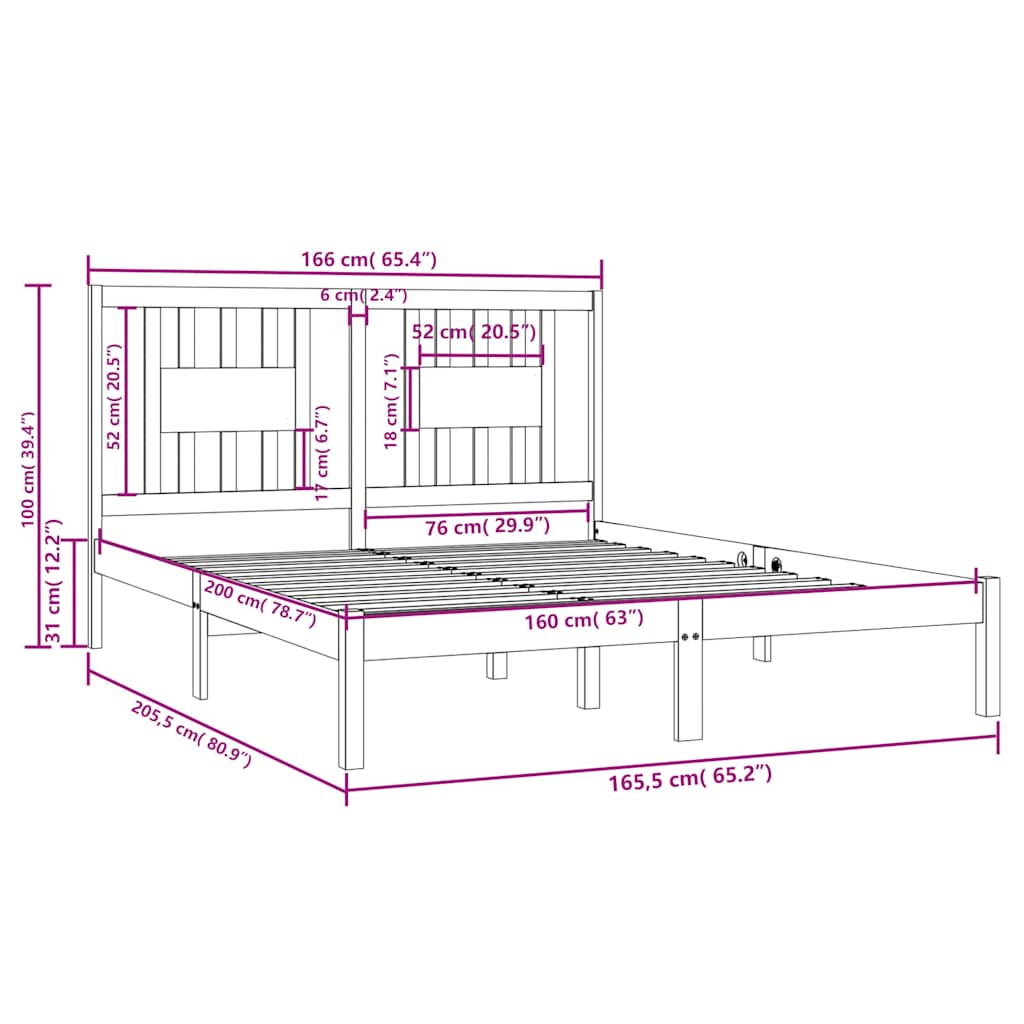 vidaXL Bed Frame without Mattress Solid Wood 160x200 cm - Brown - 205.5 x 166 x 100 cm - 64771