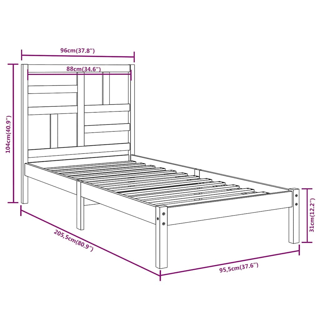 vidaXL Bed Frame without Mattress Solid Wood 90x200 cm - Brown - 205.5 x 96 x 104 cm