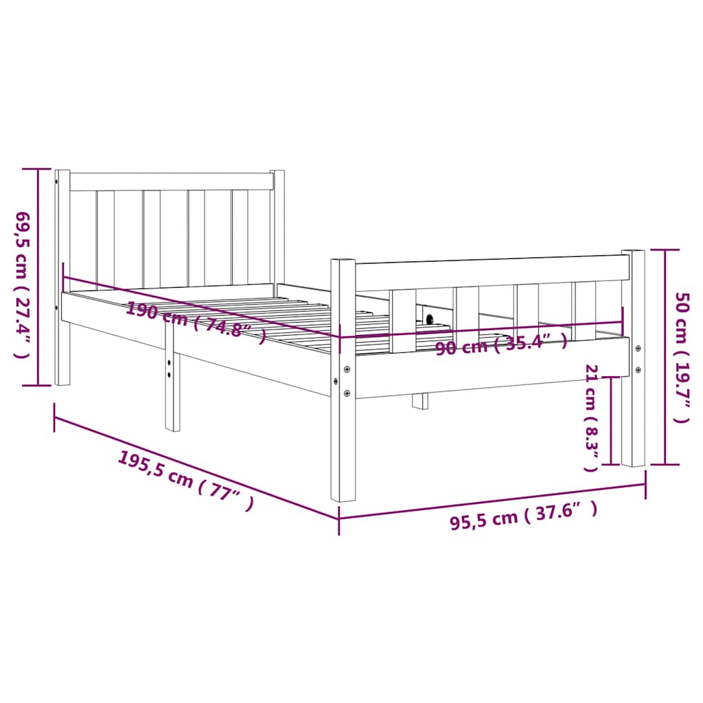 vidaXL Bed Frame without Mattress Solid Wood Single - Brown - 195.5 x 95.5 x 69.5 cm