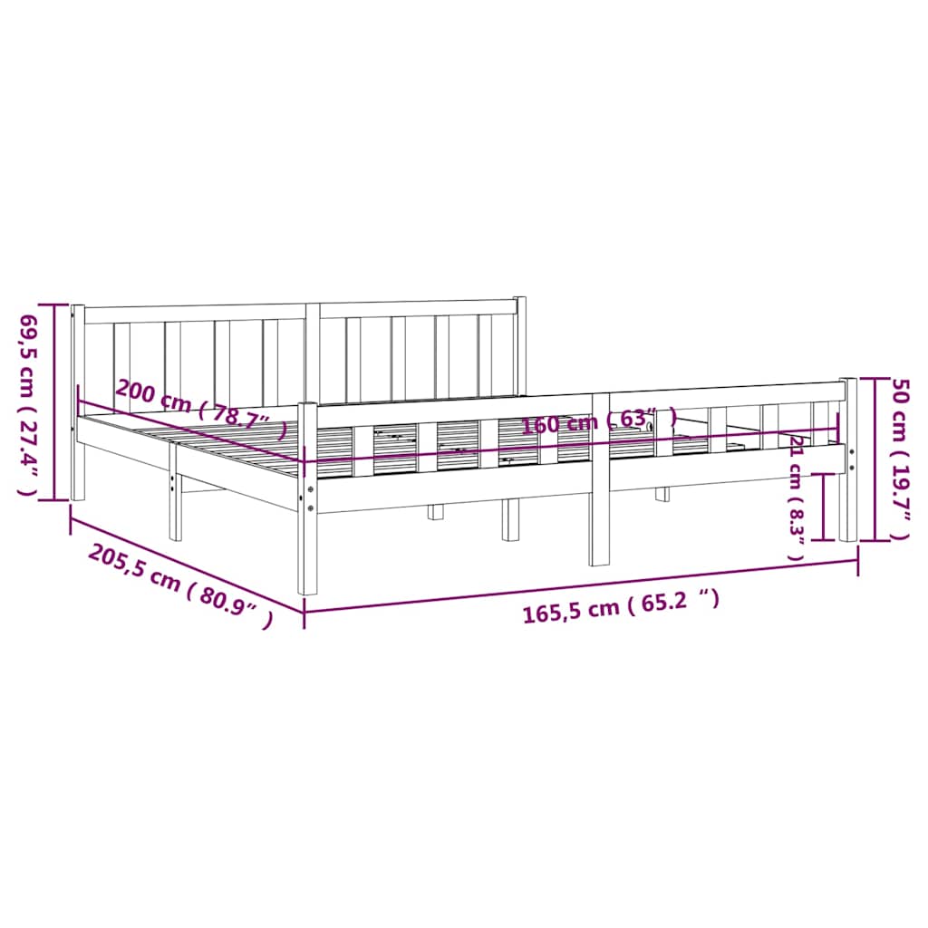 vidaXL Bed Frame without Mattress Solid Wood 160x200 cm - Brown - 205.5 x 165.5 x 69.5 cm - 64983