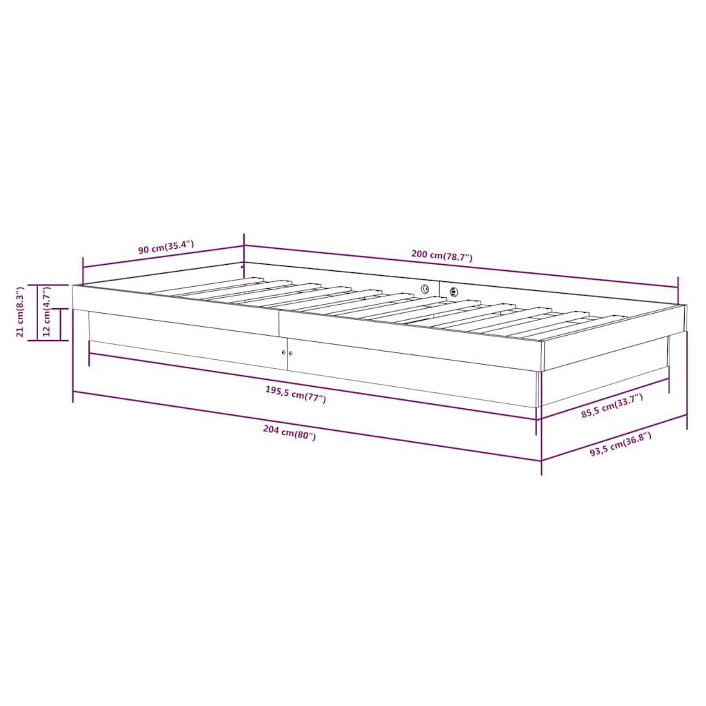 vidaXL Bed Frame without Mattress Solid Wood 90x200 cm - Brown - 204 x 93.5 x 21 cm