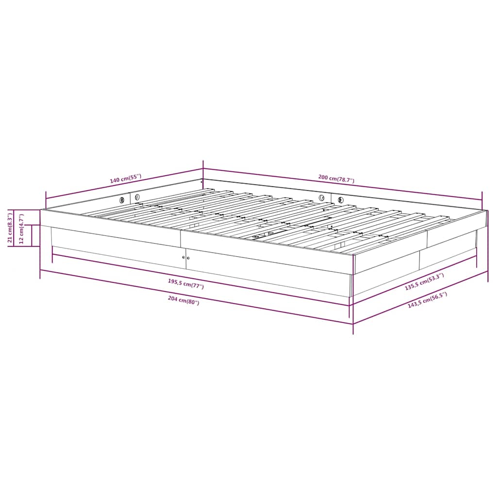 vidaXL Bed Frame without Mattress Solid Wood 140x200 cm - Brown - 204 x 143.5 x 21 cm