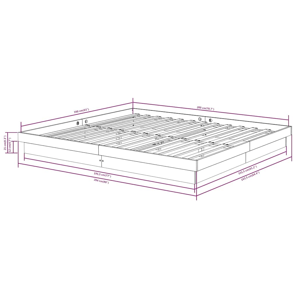 vidaXL Bed Frame without Mattress Solid Wood 160x200 cm - Brown - 204 x 163.5 x 21 cm