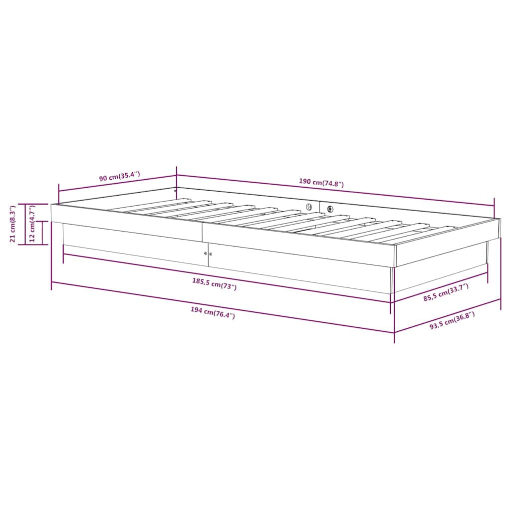 vidaXL Bed Frame without Mattress Solid Wood Single - Brown - 194 x 93.5 x 21 cm