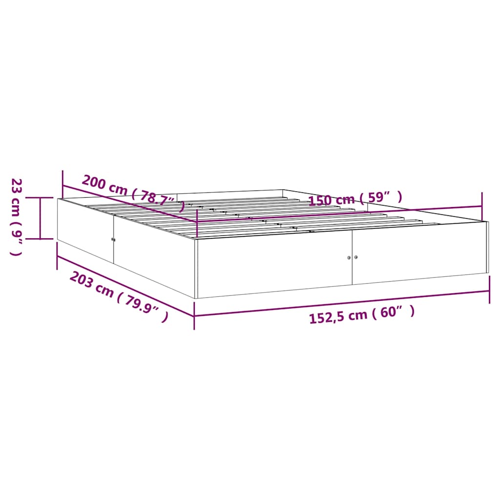 vidaXL Bed Frame without Mattress Solid Wood 150x200 cm King Size - Brown - 193 x 92.5 x 23 cm