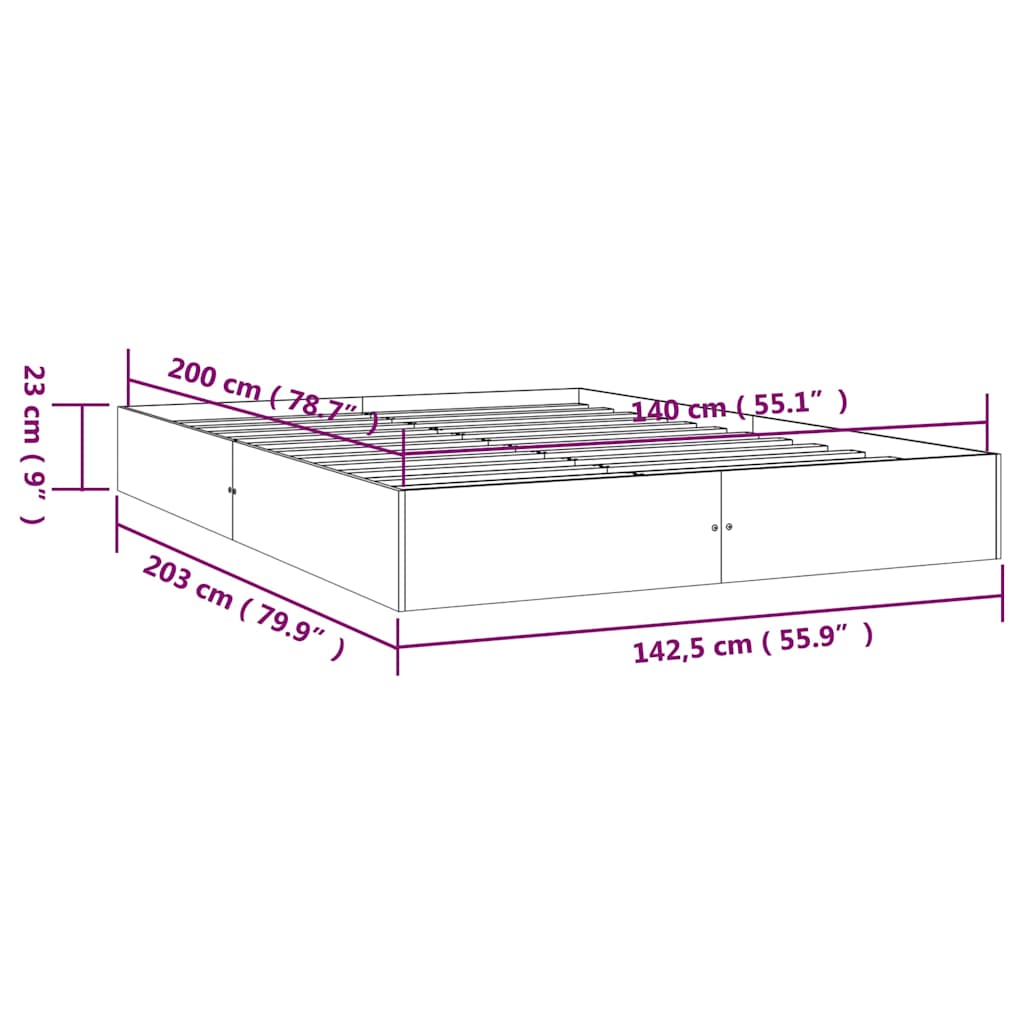 vidaXL Bed Frame without Mattress Solid Wood 140x200 cm - Brown - 193 x 122.5 x 23 cm