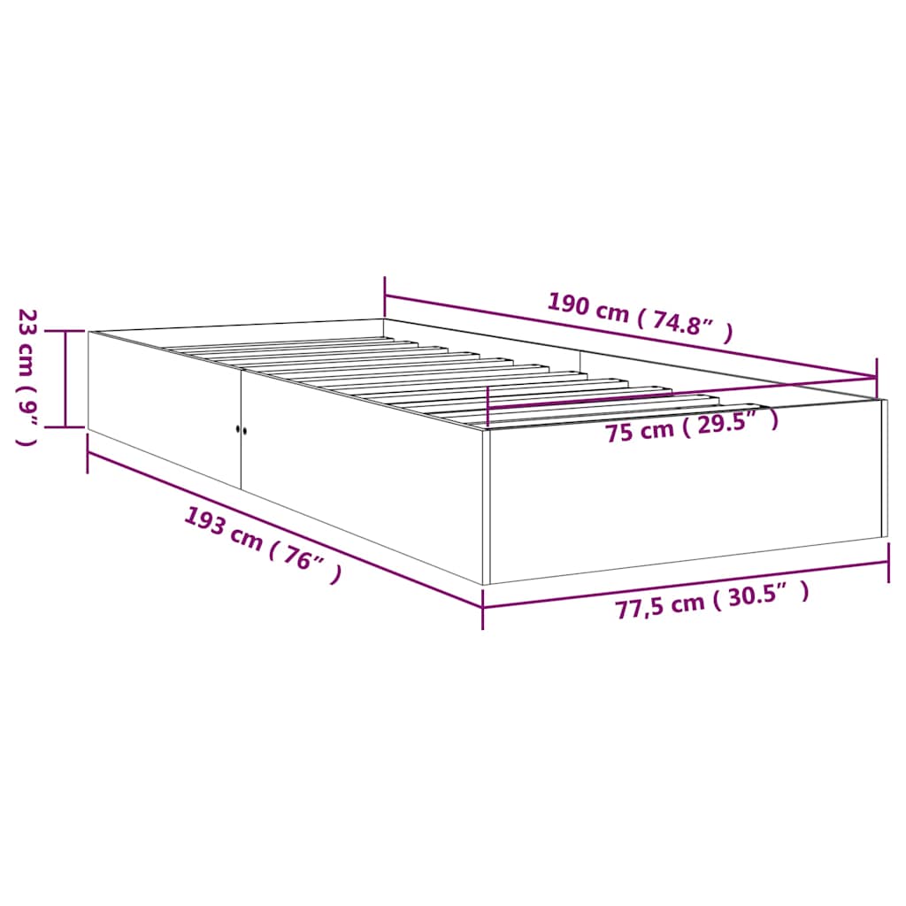 vidaXL Bed Frame without Mattress Solid Wood 75x190 cm Small Single - Brown - 204 x 181 x 57 cm