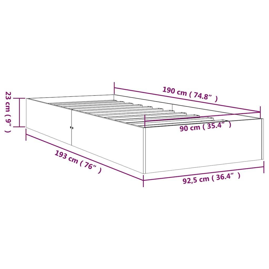 vidaXL Bed Frame without Mattress Solid Wood 90x190 cm Single - Brown - 193 x 92.5 x 23 cm