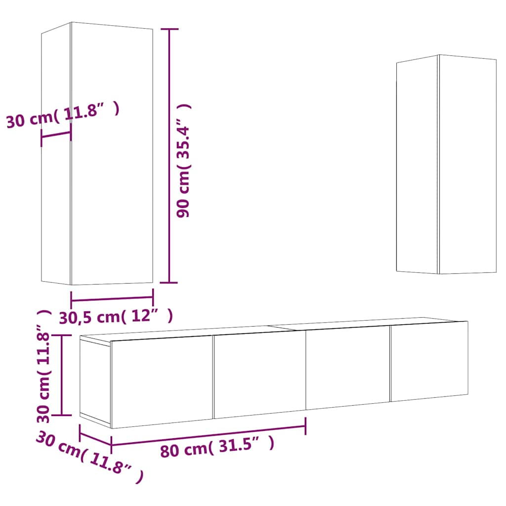 vidaXL 4 Piece TV Cabinet Set Smoked Oak Engineered Wood - Brown - 30.5 x 30 x 90 cm