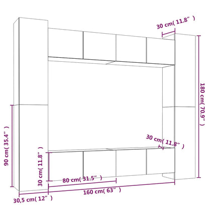vidaXL 8 Piece TV Cabinet Set White Engineered Wood - 80 x 30 x 30 cm - 67432