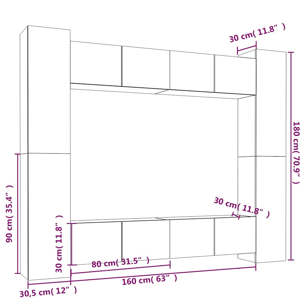 vidaXL 8 Piece TV Cabinet Set Grey Sonoma Engineered Wood - 30.5 x 30 x 90 cm