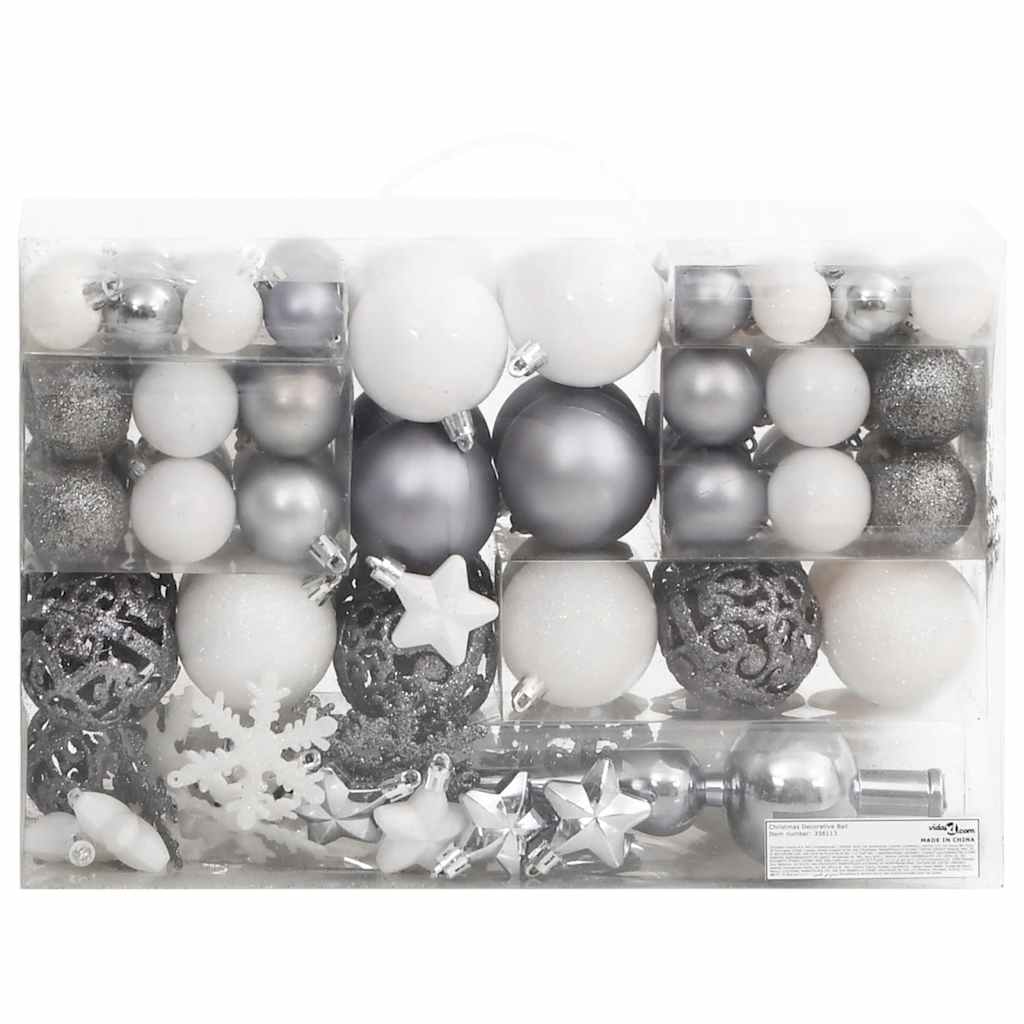 vidaXL 111 Piece Christmas Bauble Set White and Grey Polystyrene - Multicolour - 36 x 12 x 24 cm