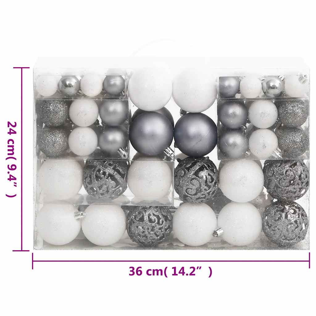 vidaXL 111 Piece Christmas Bauble Set White and Grey Polystyrene - Multicolour - 36 x 12 x 24 cm