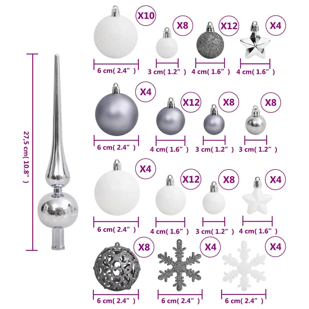 vidaXL 111 Piece Christmas Bauble Set White and Grey Polystyrene - Multicolour - 36 x 12 x 24 cm