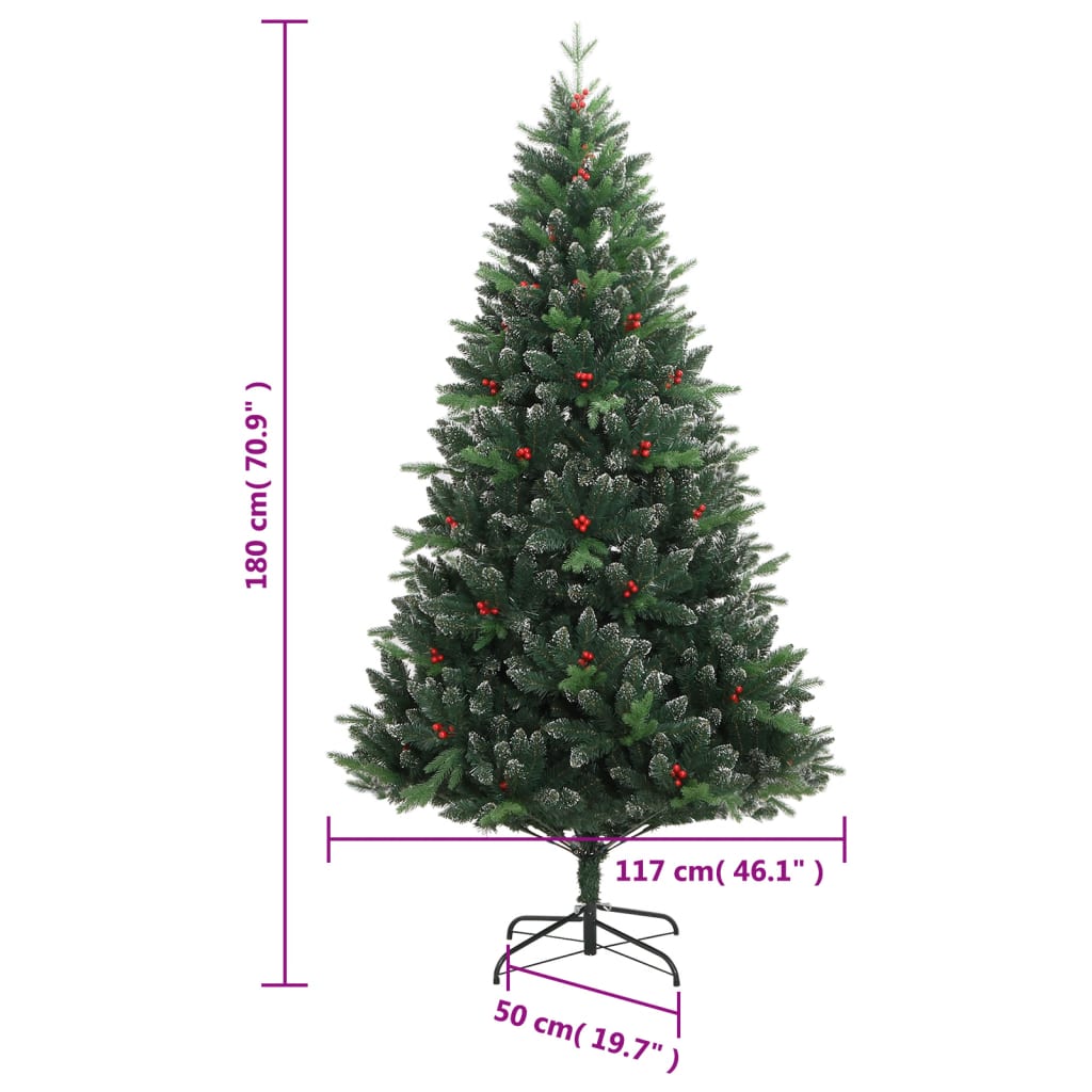 vidaXL Artificial Hinged Christmas Tree with Red Berries 180 cm - Green
