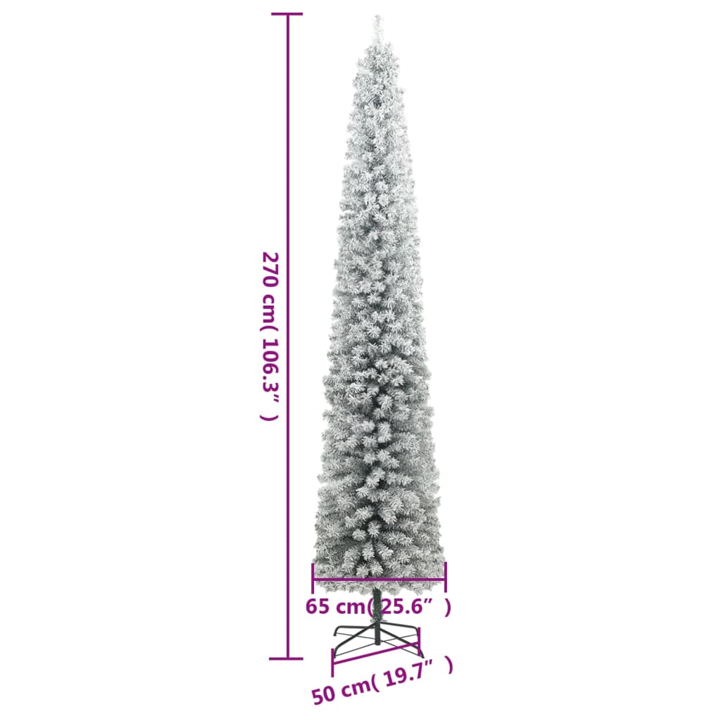 vidaXL Slim Christmas Tree with Stand and Flocked Snow 270 cm PVC - White