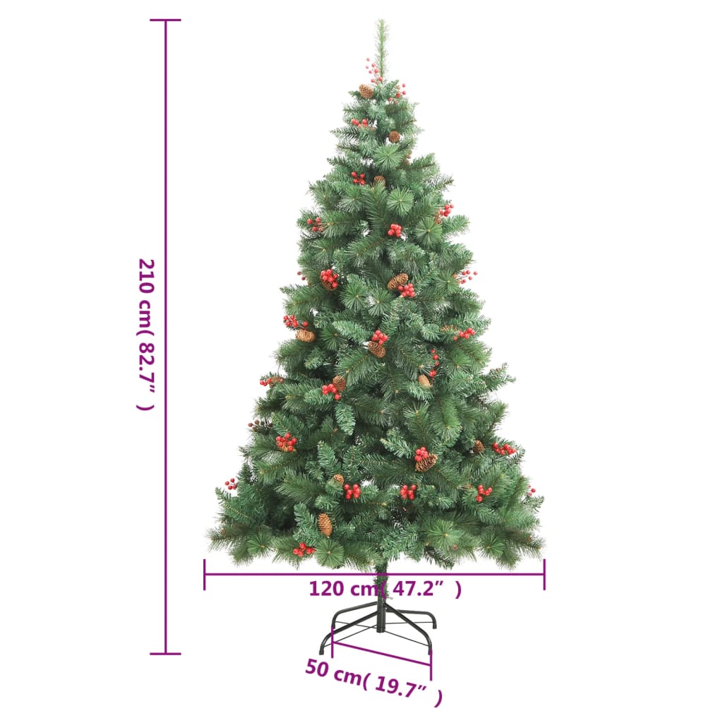 vidaXL Artificial Hinged Christmas Tree with Cones and Berries 210 cm - Green