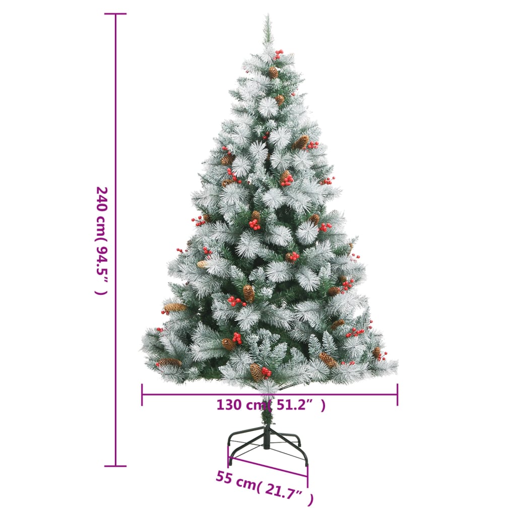 vidaXL Artificial Hinged Christmas Tree with Cones and Berries 240 cm - White