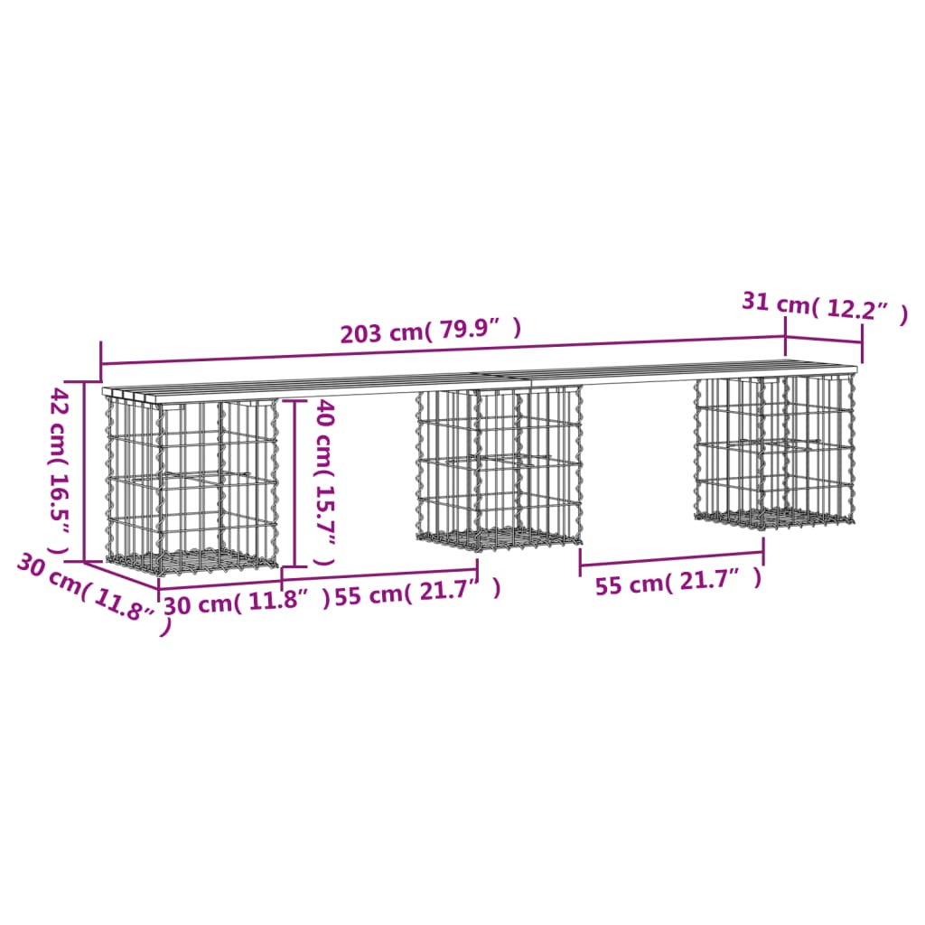 vidaXL Garden Bench Gabion Design 203x31x42 cm Solid Wood Pine - Brown