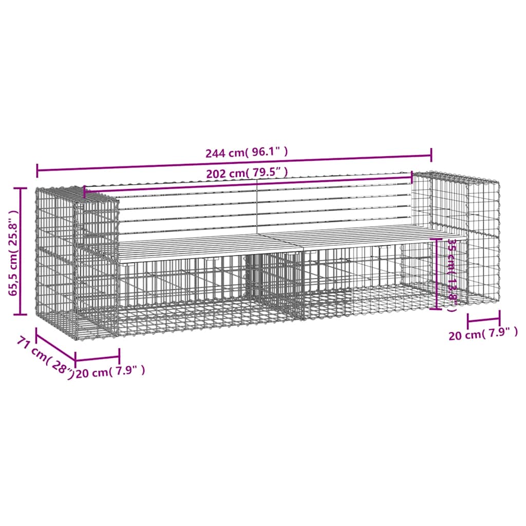 vidaXL Garden Bench Gabion Design 244x71x65.5 cm Solid Wood Pine - Brown