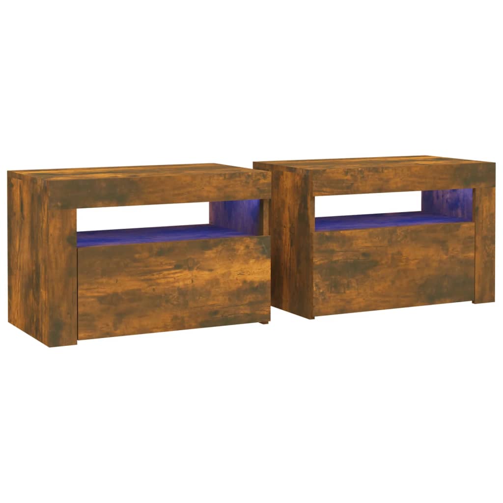 vidaXL Bedside Cabinets 2 pcs with LEDs Smoked Oak 60x35x40 cm - Brown