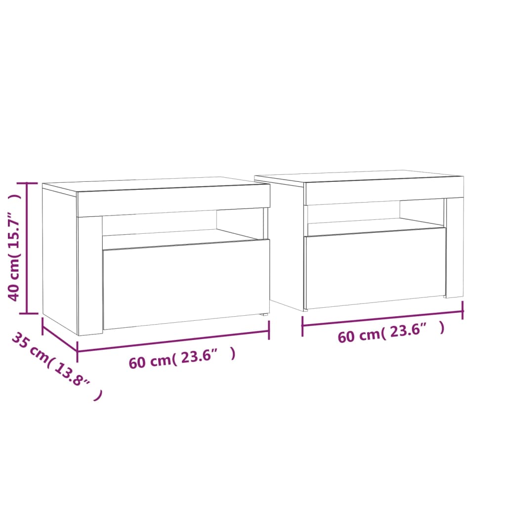 vidaXL Bedside Cabinets 2 pcs with LEDs Smoked Oak 60x35x40 cm - Brown