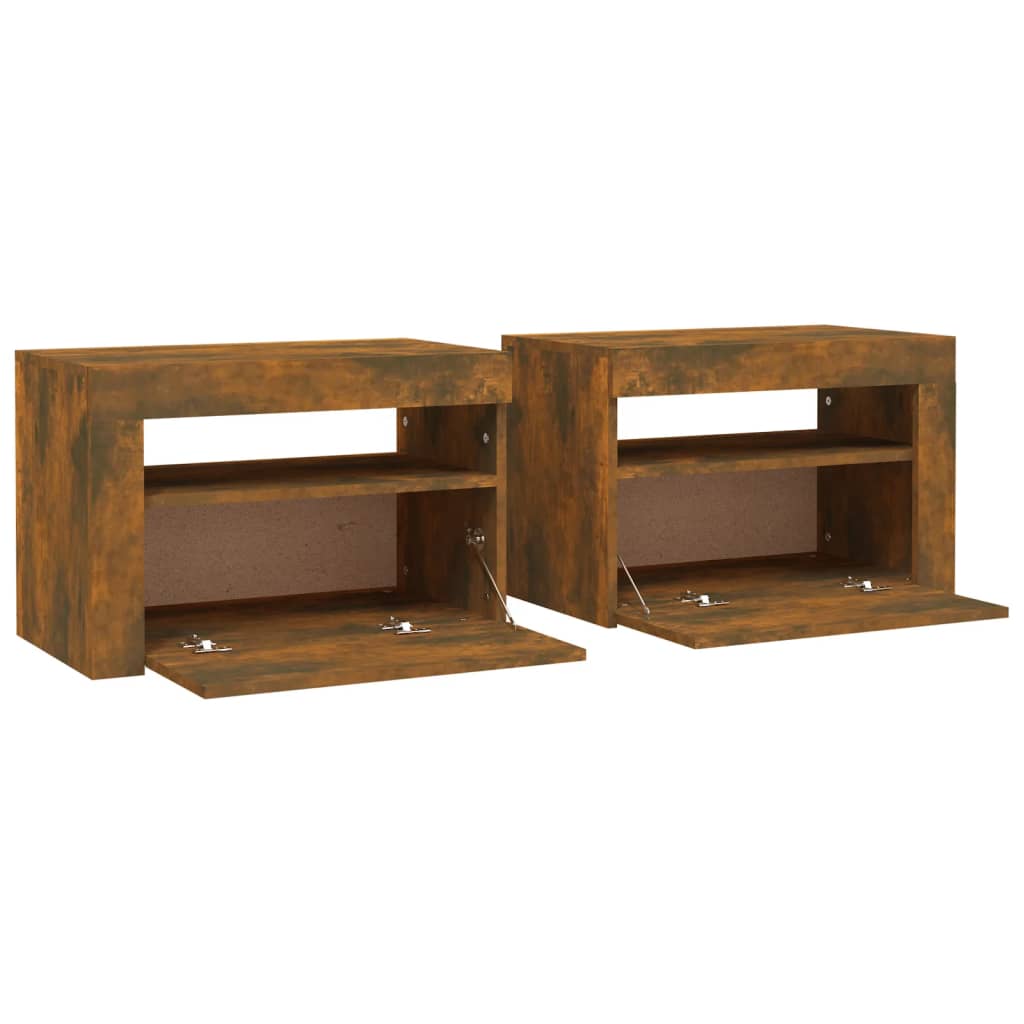 vidaXL Bedside Cabinets 2 pcs with LEDs Smoked Oak 60x35x40 cm - Brown