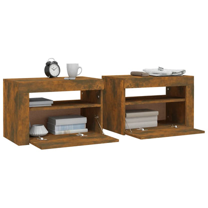 vidaXL Bedside Cabinets 2 pcs with LEDs Smoked Oak 60x35x40 cm - Brown