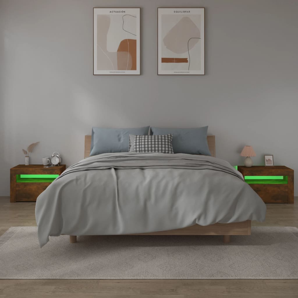 vidaXL Bedside Cabinets 2 pcs with LEDs Smoked Oak 60x35x40 cm - Brown