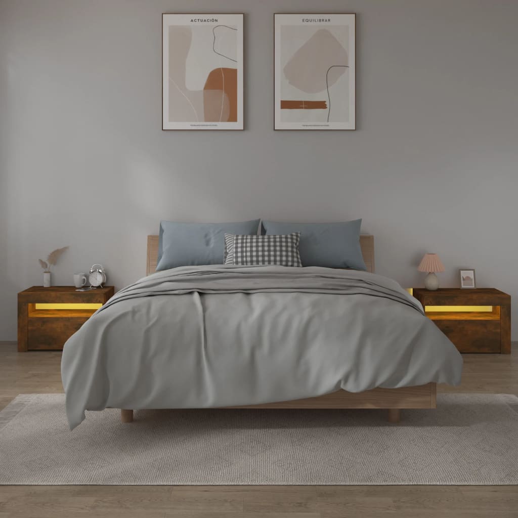 vidaXL Bedside Cabinets 2 pcs with LEDs Smoked Oak 60x35x40 cm - Brown