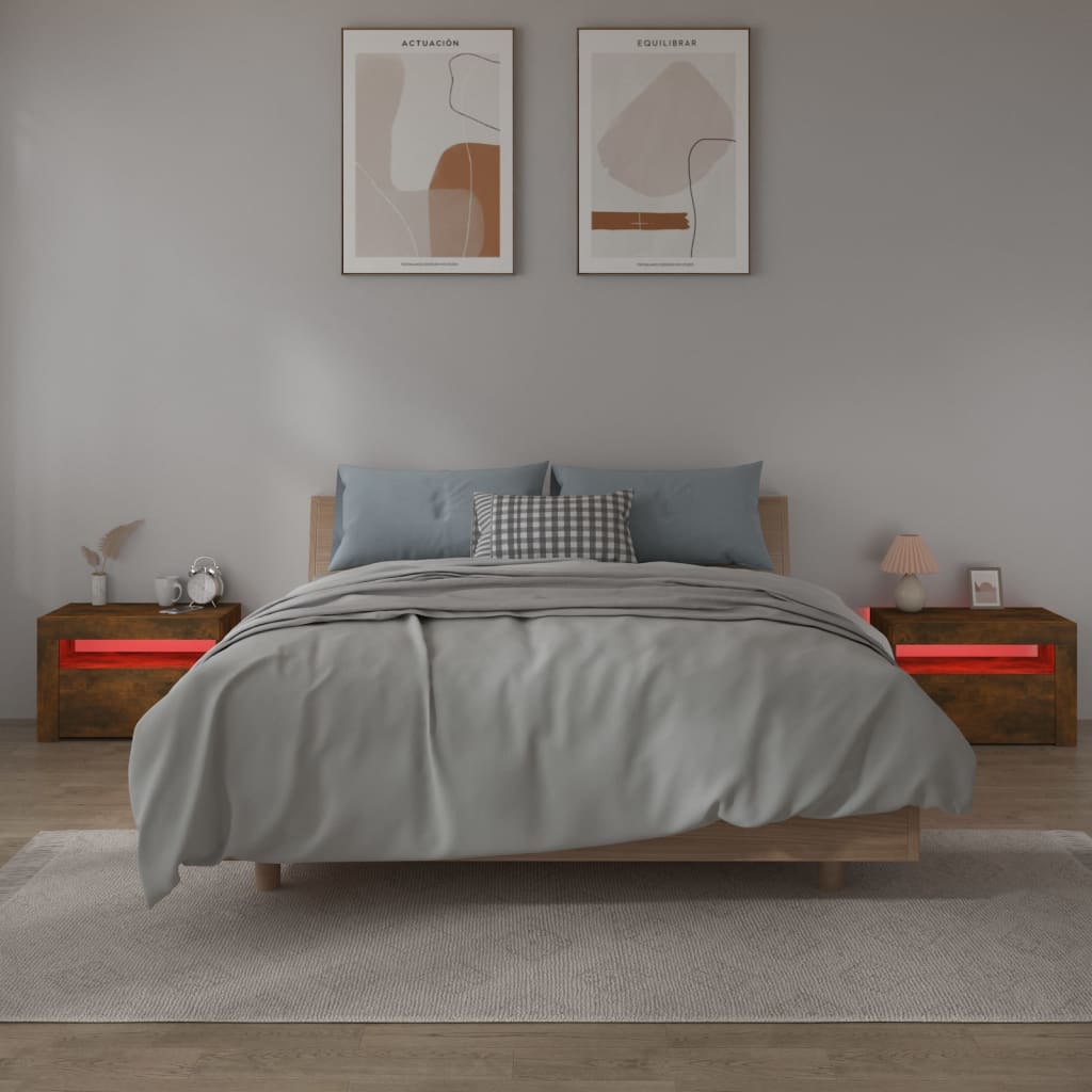 vidaXL Bedside Cabinets 2 pcs with LEDs Smoked Oak 60x35x40 cm - Brown