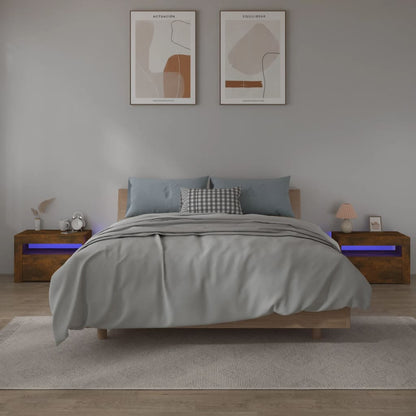 vidaXL Bedside Cabinets 2 pcs with LEDs Smoked Oak 60x35x40 cm - Brown