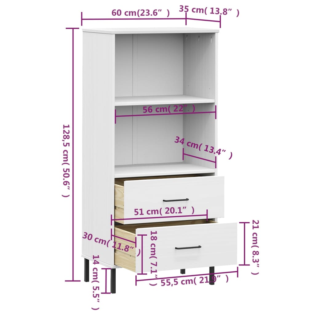 vidaXL Bookcase with 2 Drawers White 60x35x128.5 cm Solid Wood OSLO