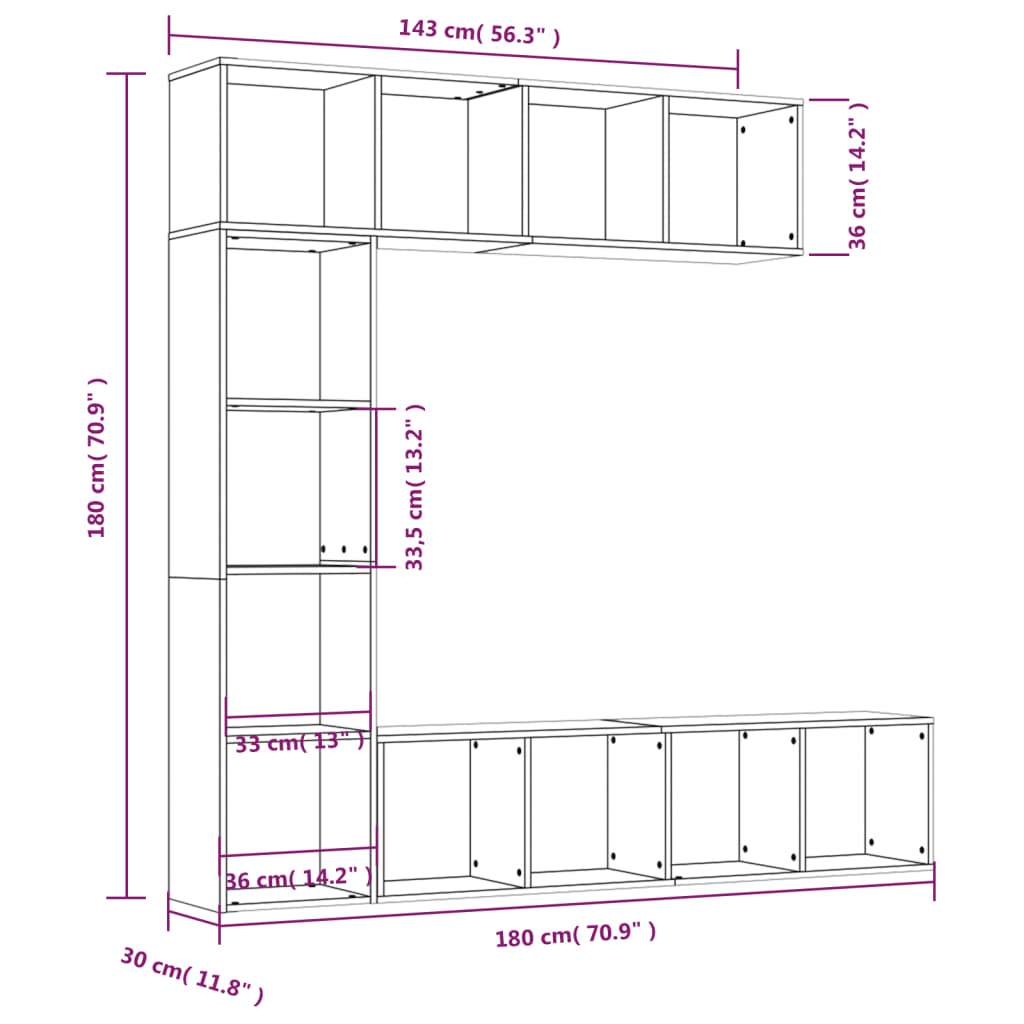 vidaXL 3 Piece Book/TV Cabinet Set Smoked Oak 180x30x180 cm - Brown