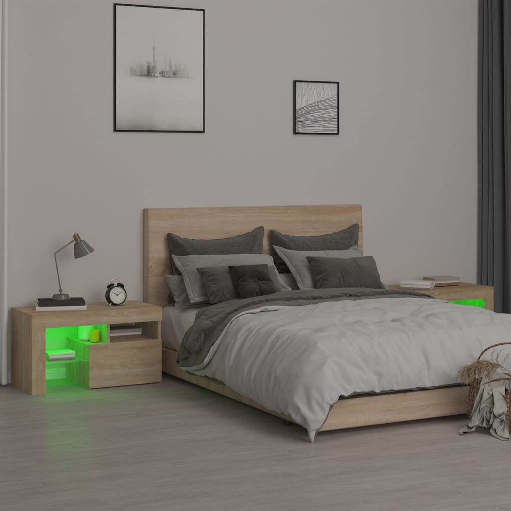 vidaXL Bedside Cabinets 2 pcs with LED Lights Sonoma Oak 70x36.5x40 cm - Brown