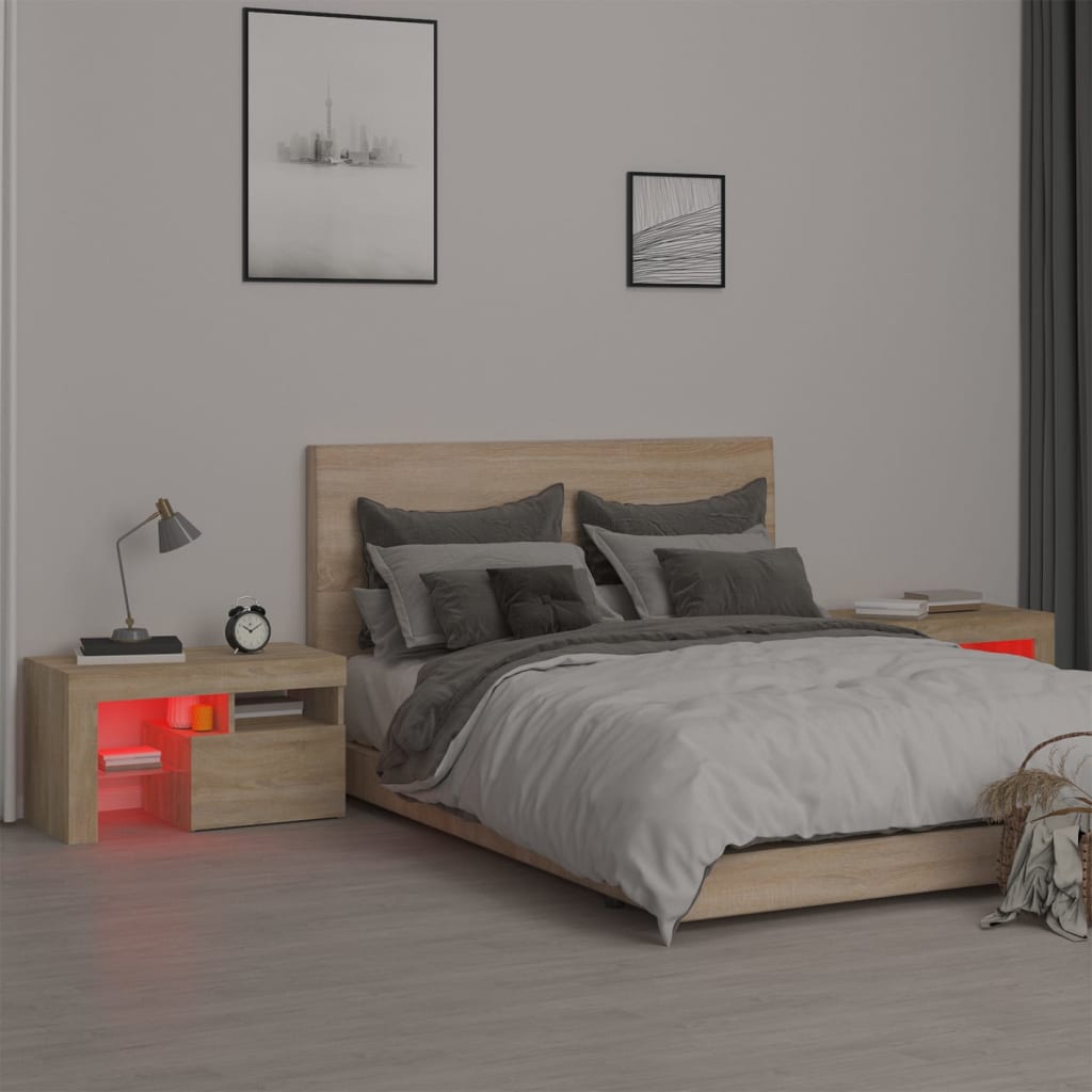vidaXL Bedside Cabinets 2 pcs with LED Lights Sonoma Oak 70x36.5x40 cm - Brown