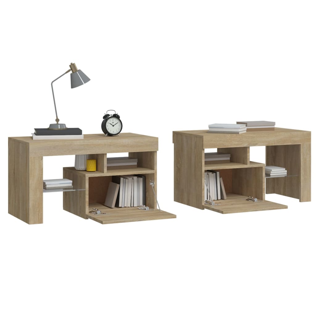 vidaXL Bedside Cabinets 2 pcs with LED Lights Sonoma Oak 70x36.5x40 cm - Brown
