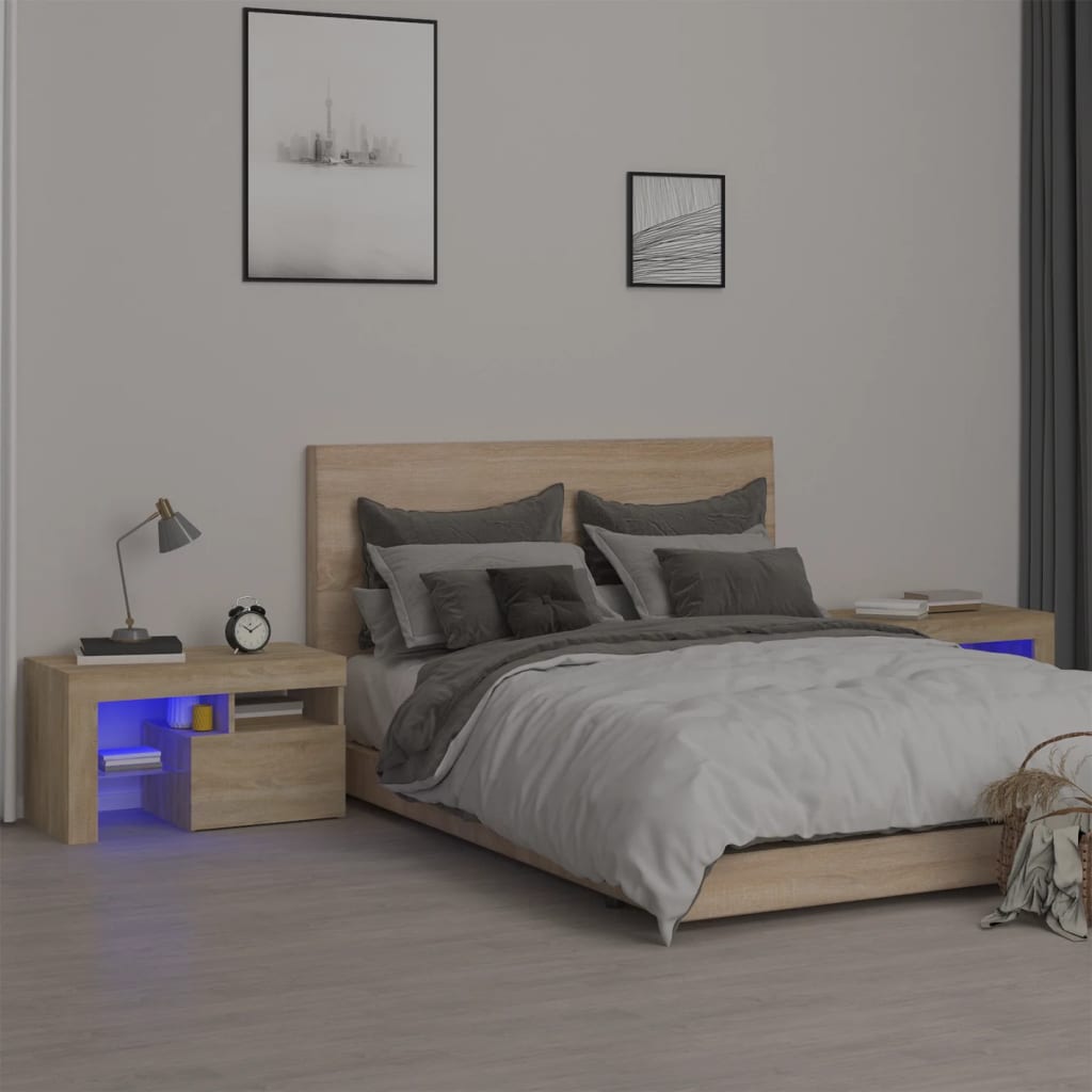vidaXL Bedside Cabinets 2 pcs with LED Lights Sonoma Oak 70x36.5x40 cm - Brown
