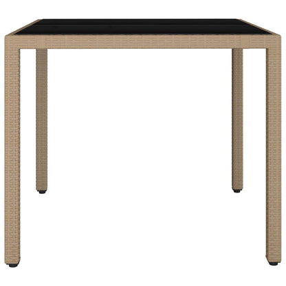 vidaXL Garden Table with Glass Top Beige Poly Rattan&Tempered Glass - 90 x 90 x 75 cm