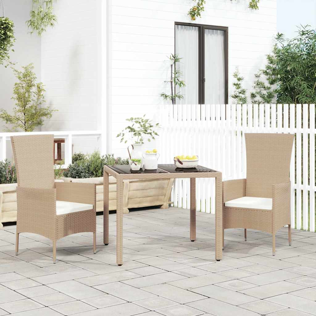 vidaXL Garden Table with Glass Top Beige Poly Rattan&Tempered Glass - 90 x 90 x 75 cm